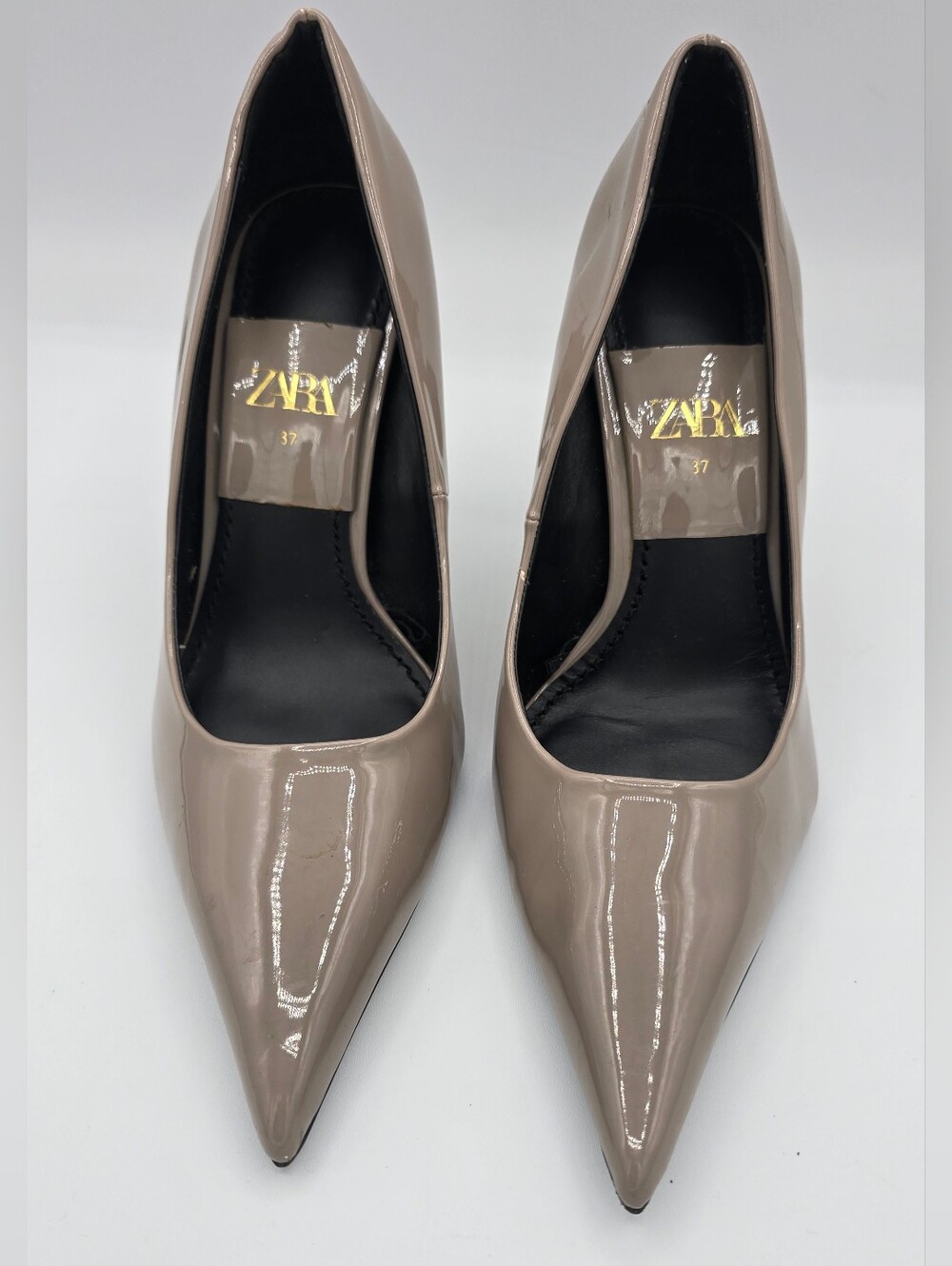 ZARA - Pointed Toe Grey/Tan Taupe Patent Effect Pumps Heels Shoes